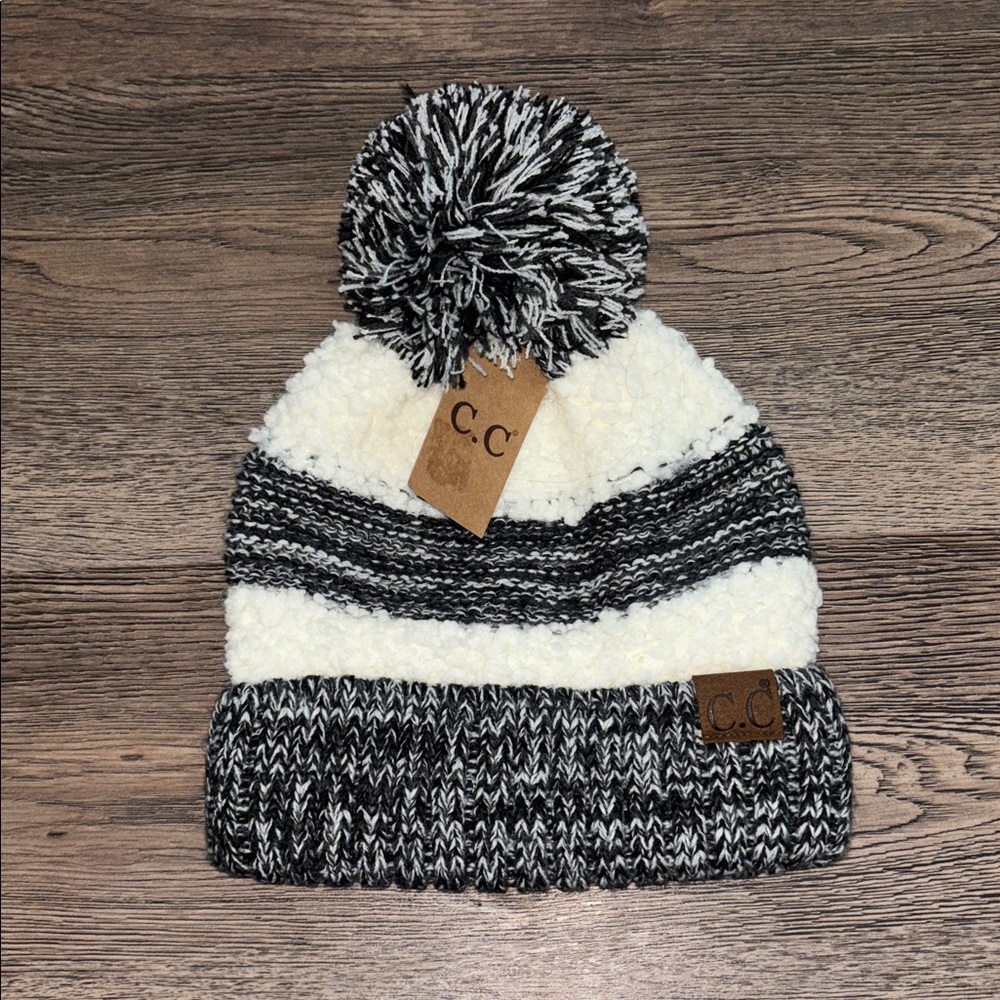 C.C Striped Black and White Beanie with Pom Pom OS